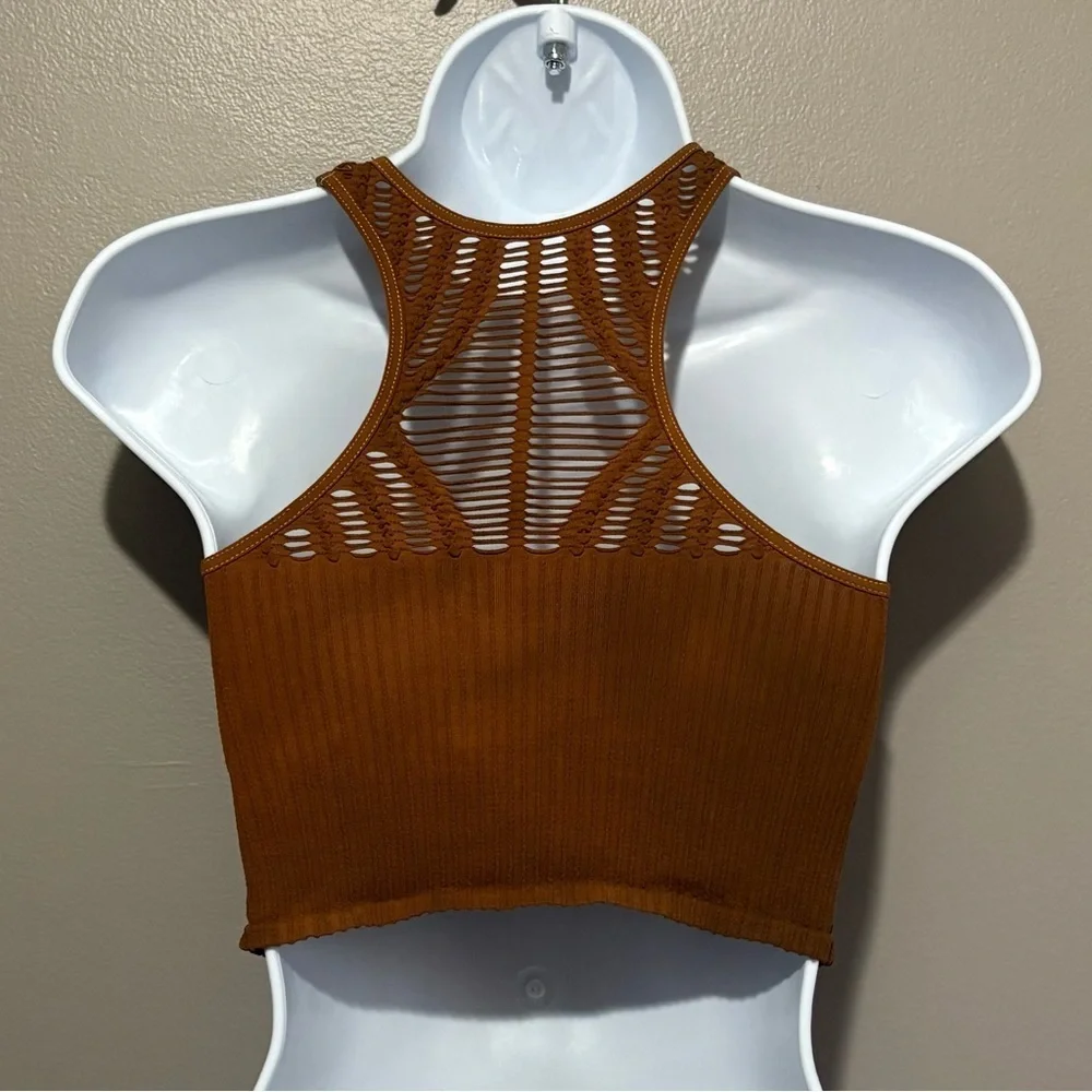FREE PEOPLE Intimately Seamless Crop Tank Brown Ribbed Cutout Cami Top XS/S